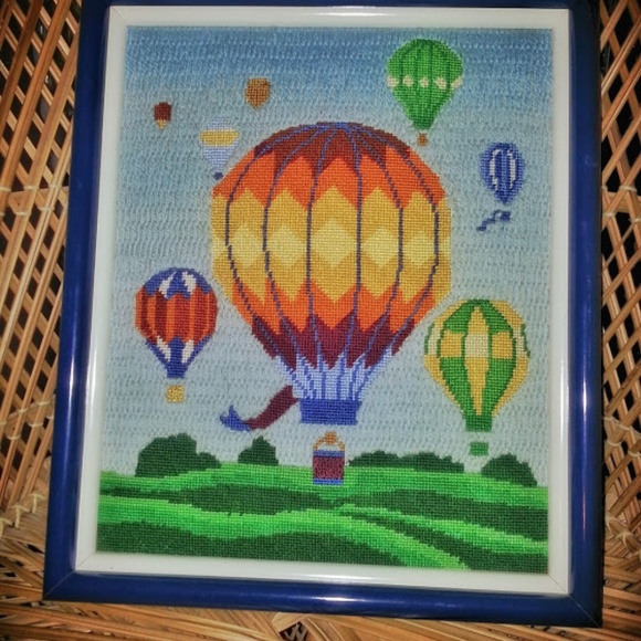 Vintage Handmade Hot Air Balloon Cross Stitch Art
